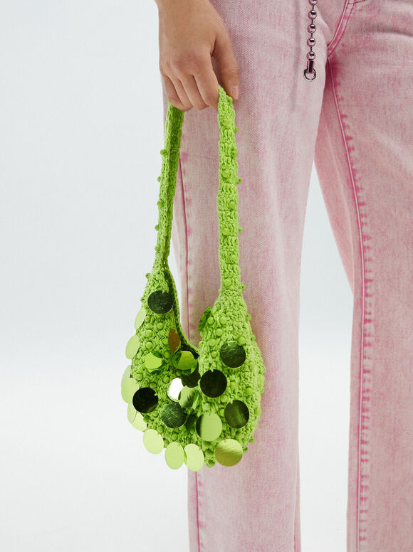 Bolso Hombro Crochet Con Abalorios, Verde, hi-res