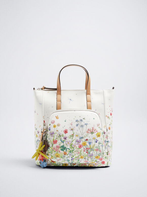 Floral-Print Backpack, Yellow, hi-res