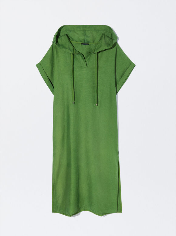 Hooded Linen Dress, Green, hi-res