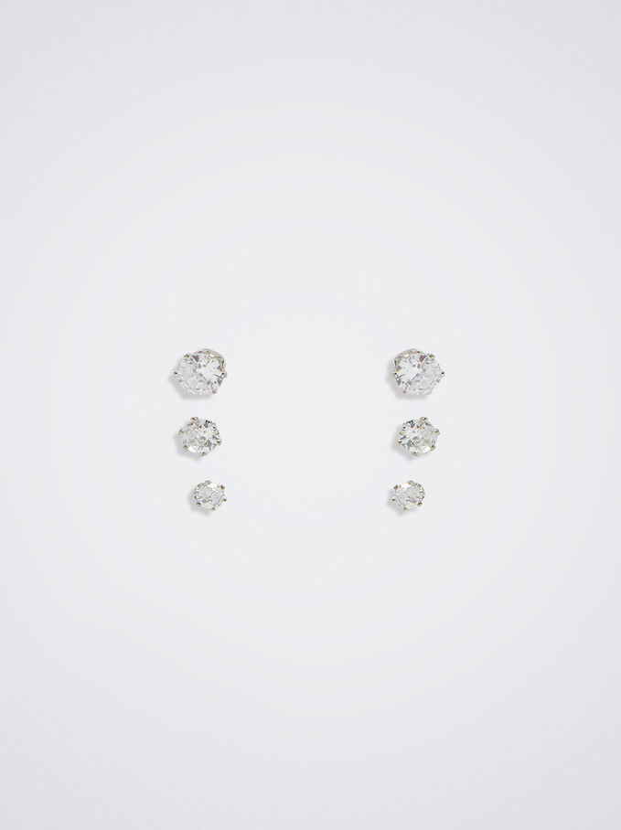 Set Of Short Earrings With Crystals, Silver, hi-res