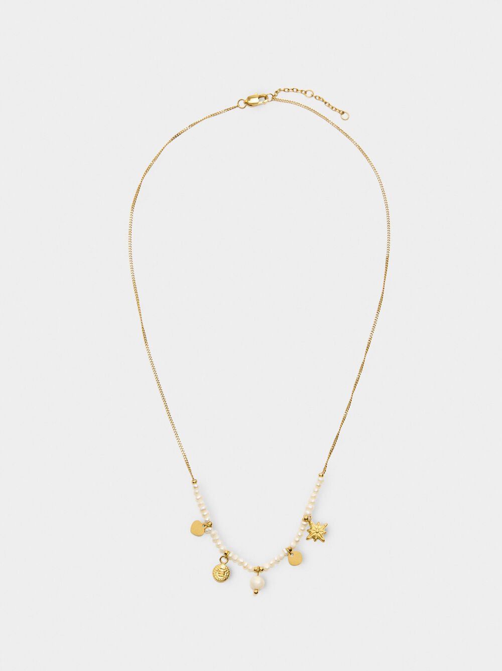 Necklace with charms and freshwater pearls - stainless steel