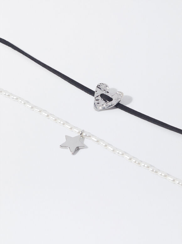 Star And Heart Necklace Set, Black, hi-res