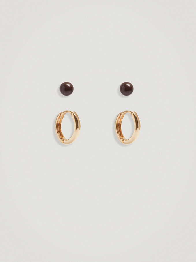 Set Of Hoop Earrings With Enamel, Brown, hi-res