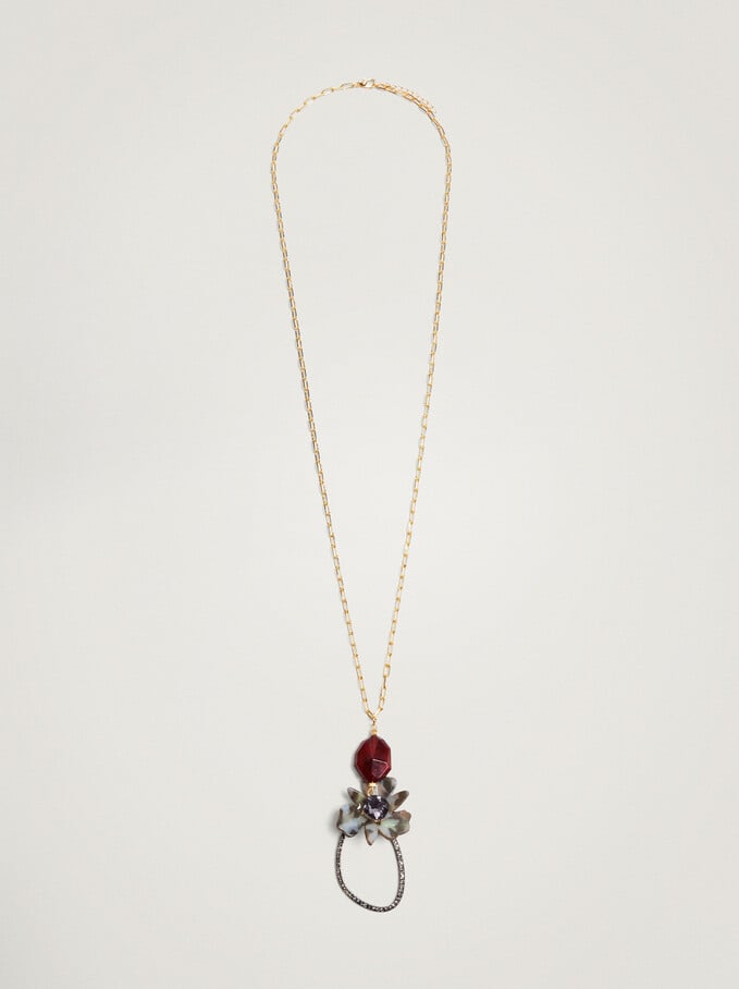 Long Necklace With Flower Pendant, Bordeaux, hi-res