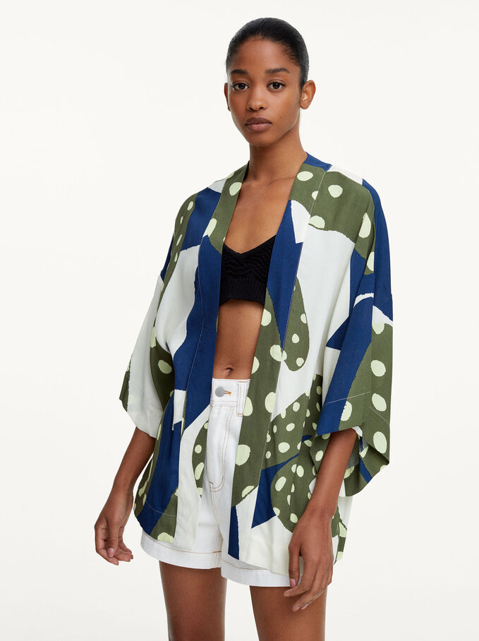 Kimono Ouvert À Imprimé, Écru, hi-res