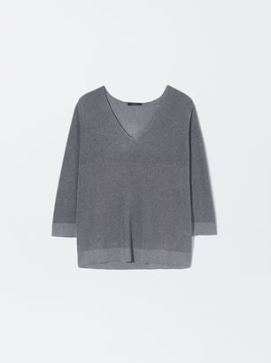 Metallic Knit Sweater, Grey, hi-res
