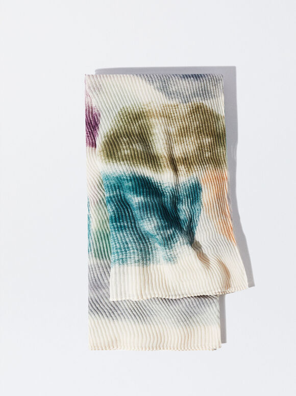 Flower Printed Pleated Scarf, Multicolor, hi-res