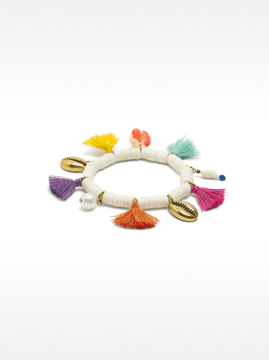 Pulsera con conchas y borlas multicolor