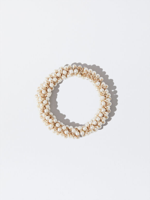 Scrunchie With Pearls, White, hi-res