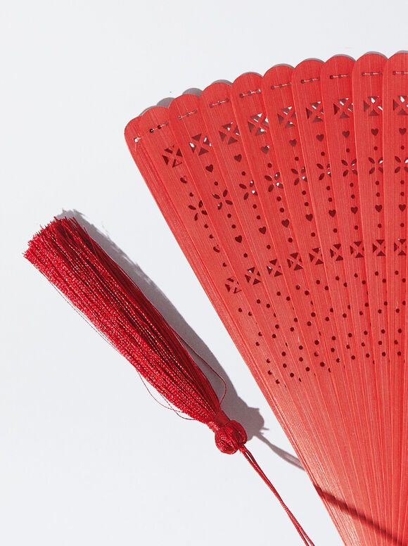 Bamboo Perforated Fan, Red, hi-res