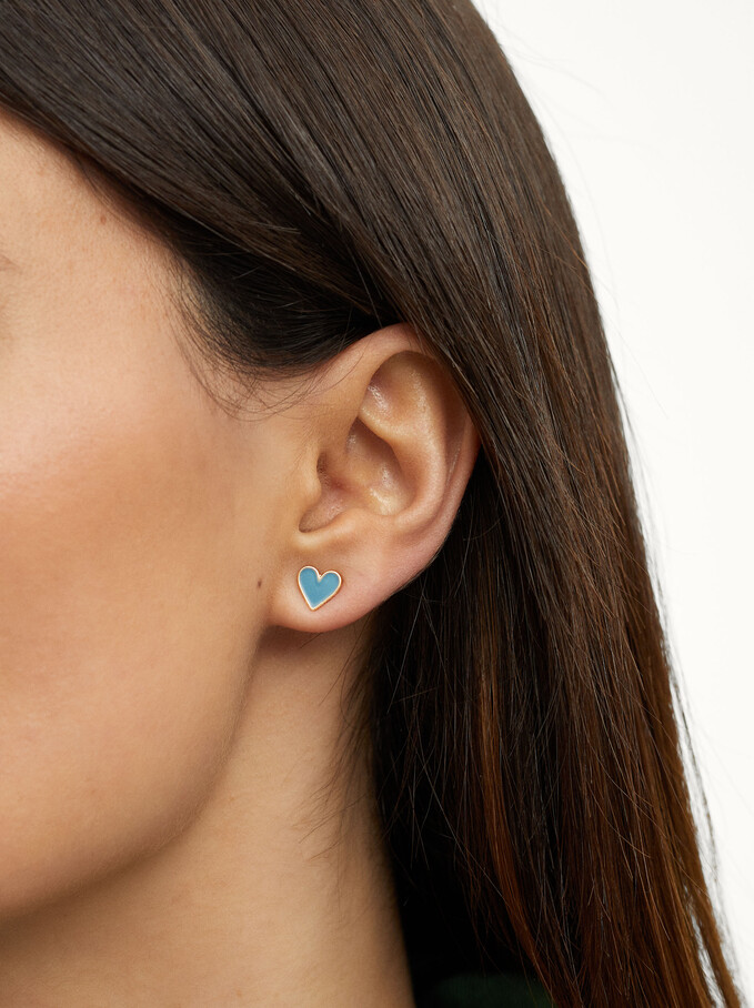 Short Earrings With Hearts , Blue, hi-res