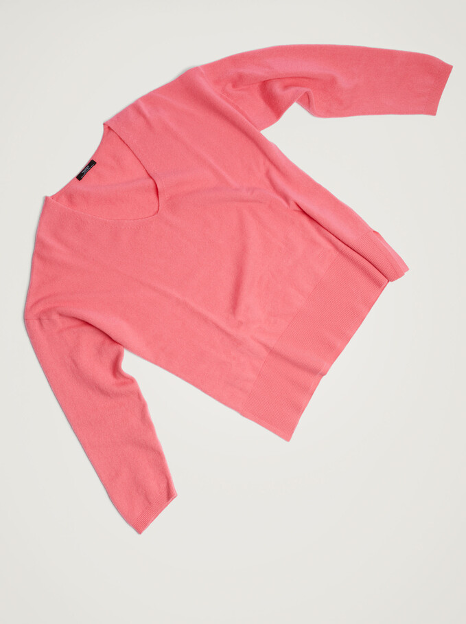 100% Cashmere V-Neck Knitted Sweater, Pink, hi-res