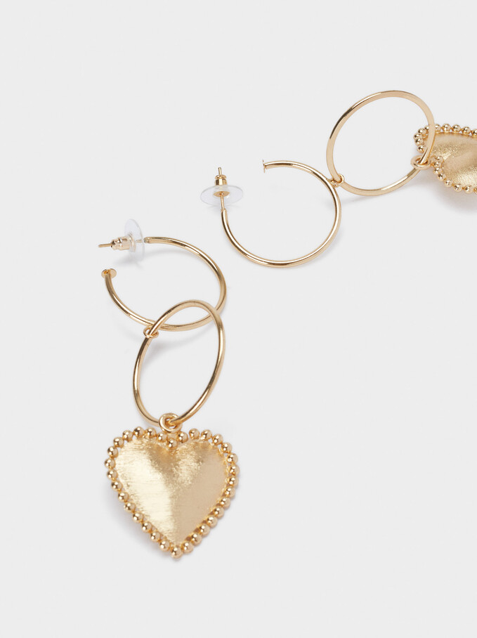 Extra Long Earrings With Heart, Golden, hi-res