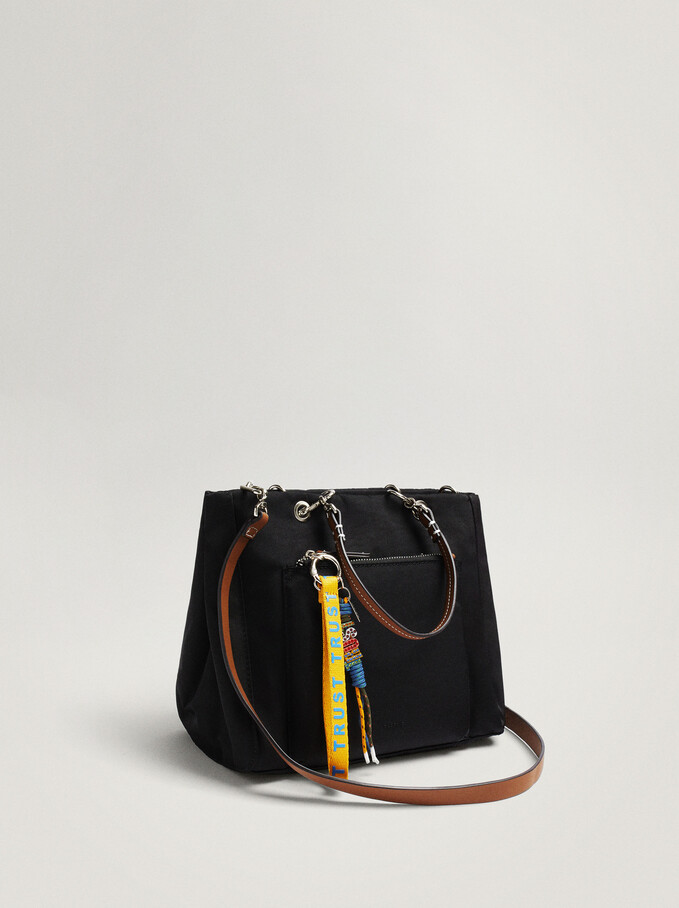 Nylon Tote Bag With Pendant, Black, hi-res