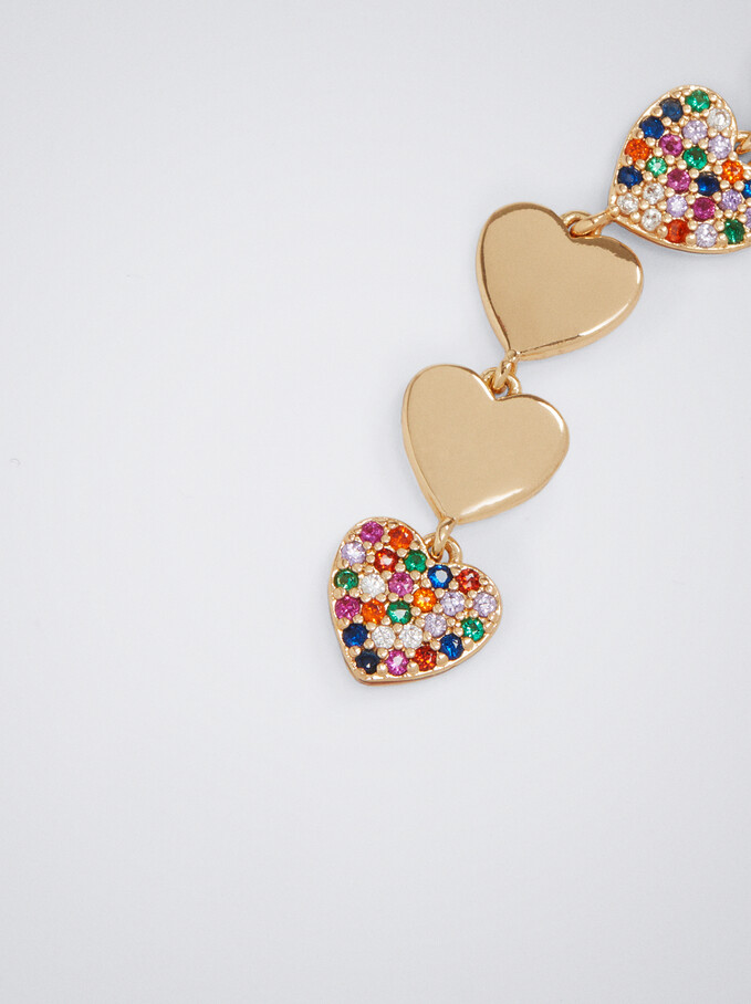 Golden Earrings With Heart And Zirconia, Golden, hi-res