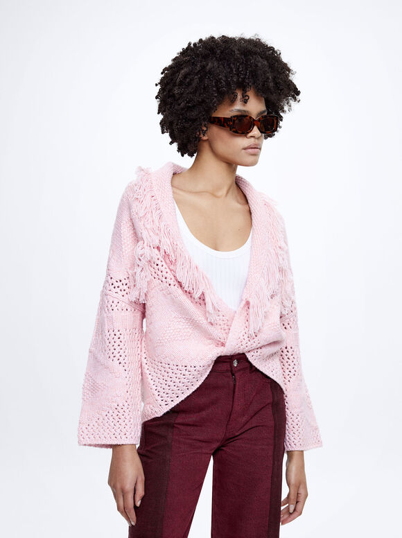 Online Exclusive - Knitted Cardigan With Fringes, Pink, hi-res