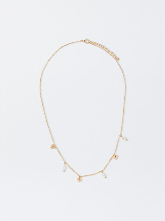 Necklace With Pearl And Hearts, Golden, hi-res