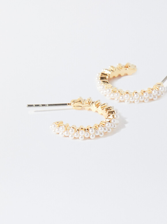 Gold-Toned Hoop Earrings With Faux Pearls, Golden, hi-res
