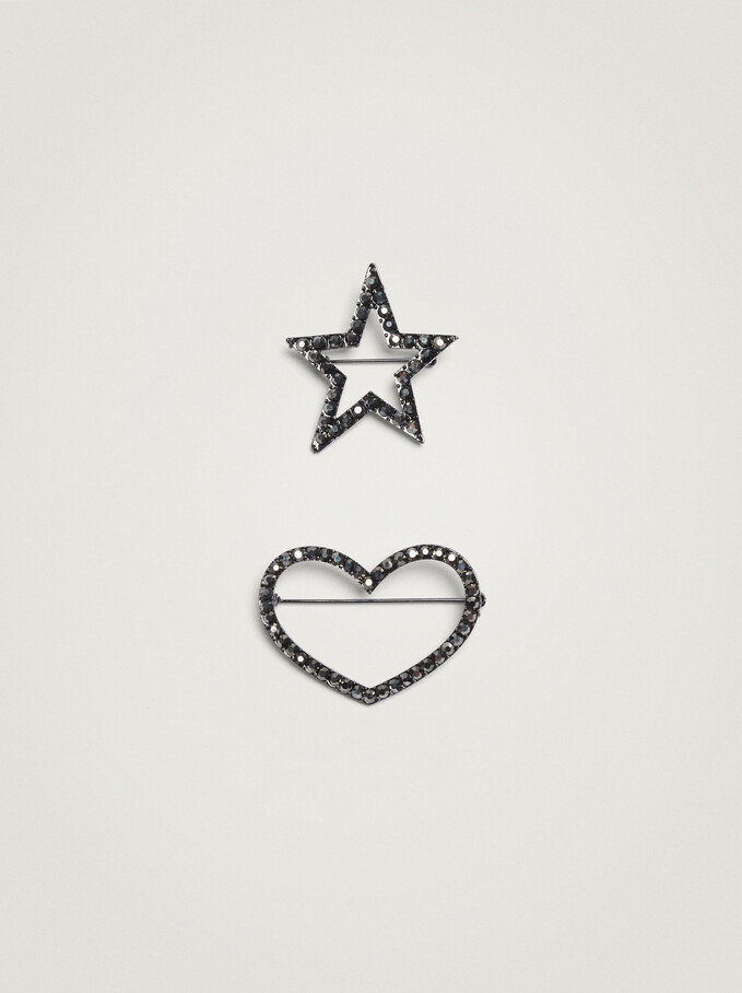 Set Of Brooches With Star And Heart, Grey, hi-res
