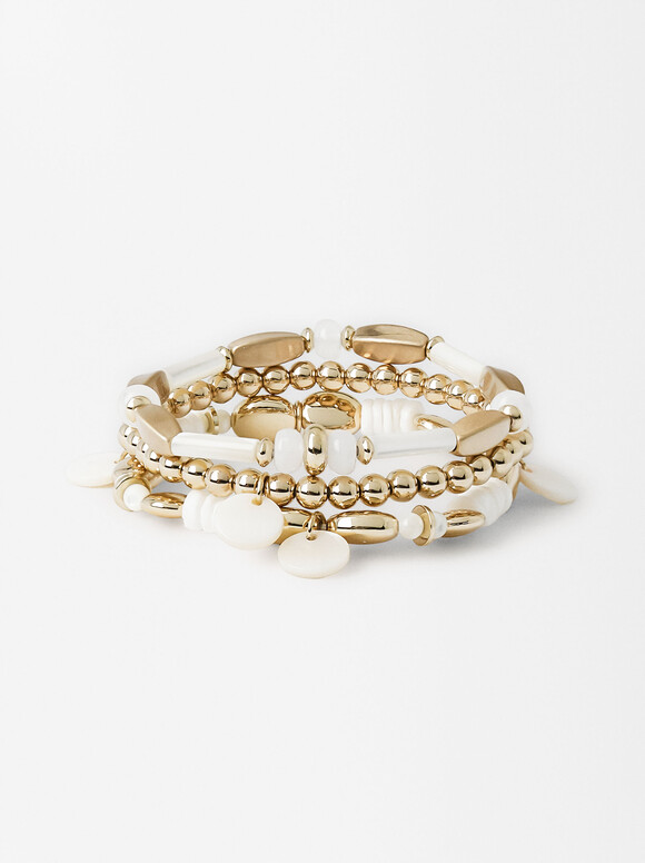 Golden Shell Bracelets Set, White, hi-res