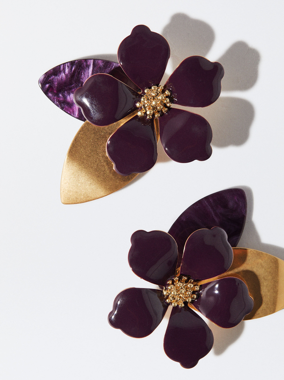Enamel Flower Earrings, Bordeaux, hi-res