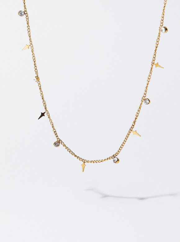 Stainless Steel Necklace With Zirconia, Golden, hi-res