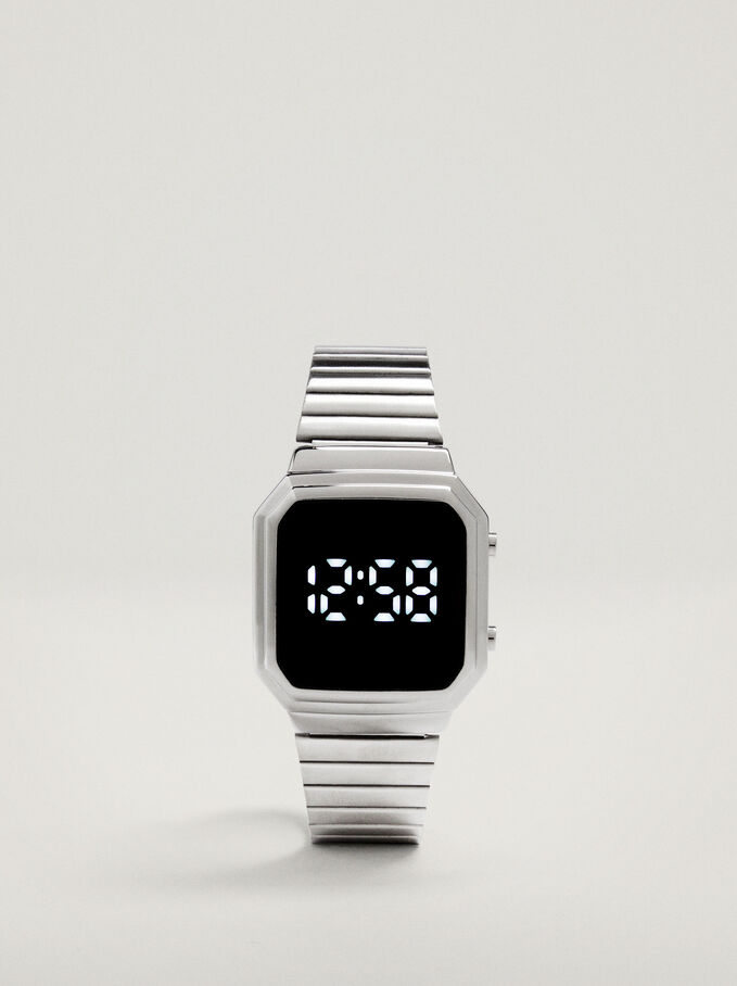Digital Watch With Square Face, Silver, hi-res