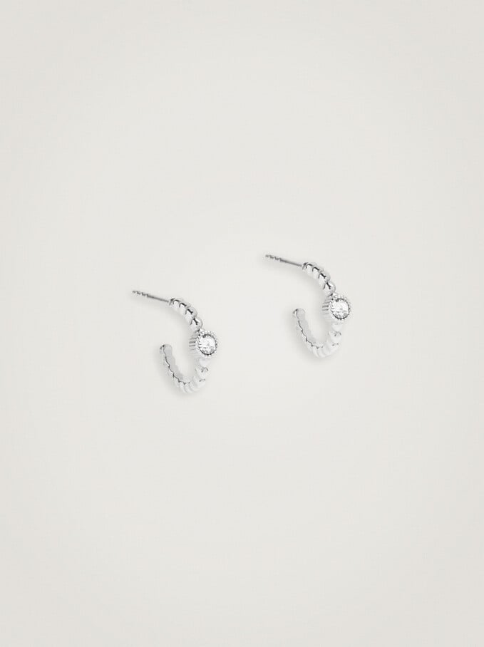 Stainless Steel Small Hoop Earrings With Crystals, Silver, hi-res