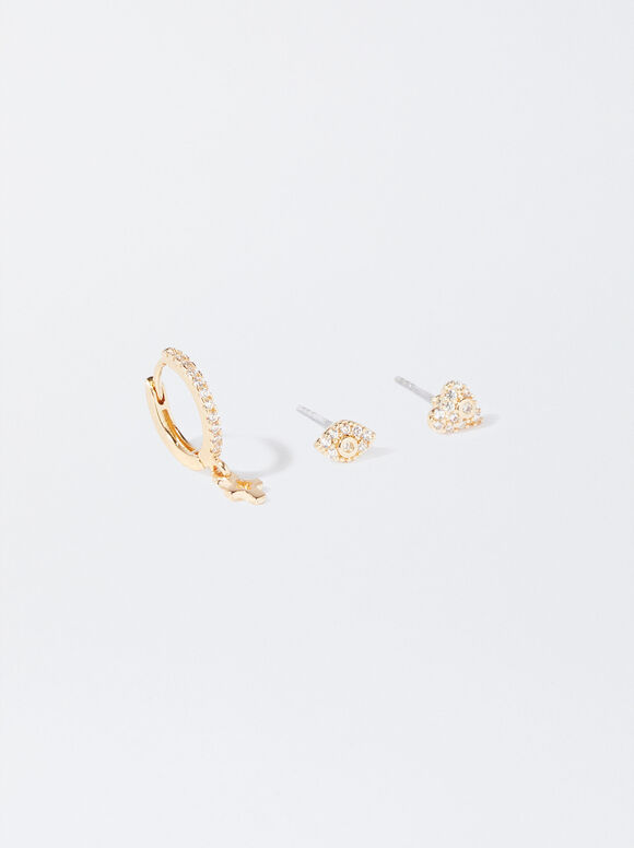 Set Of Earrings With Cubic Zirconia, Golden, hi-res