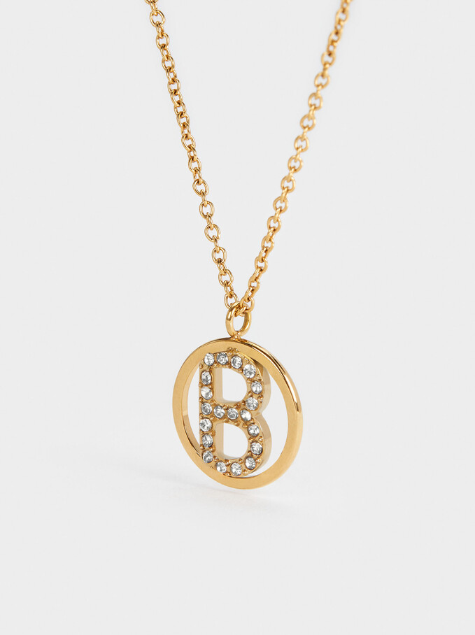 Short Steel Necklace With Letter B, Golden, hi-res