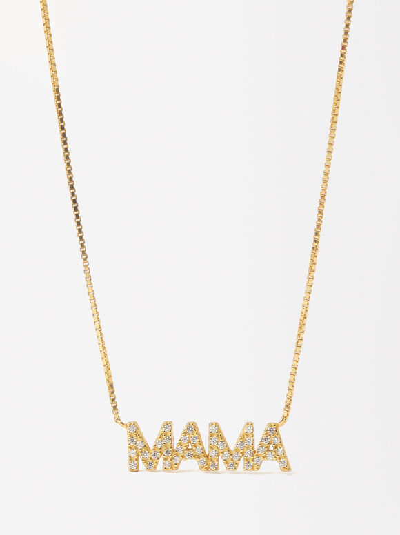 Mom Cubic Zirconia Necklace - 925 Sterling Silver, Golden, hi-res