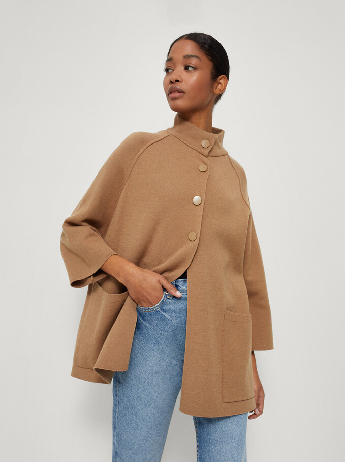 Knit Poncho With High Neck, Camel, hi-res