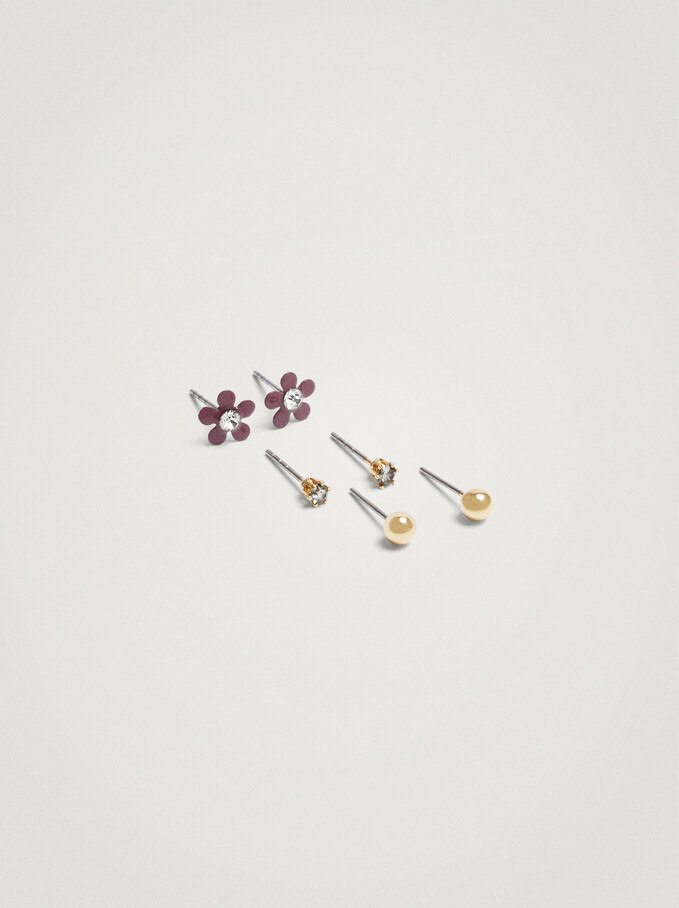 Set Of Hoop Earrings With Flower, Pink, hi-res