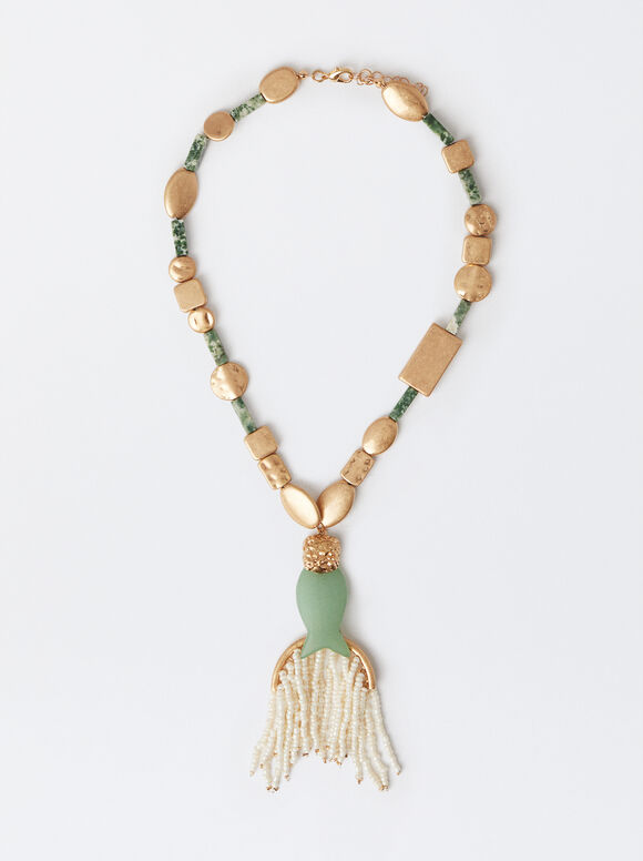 Gold Necklace With Stones, Green, hi-res