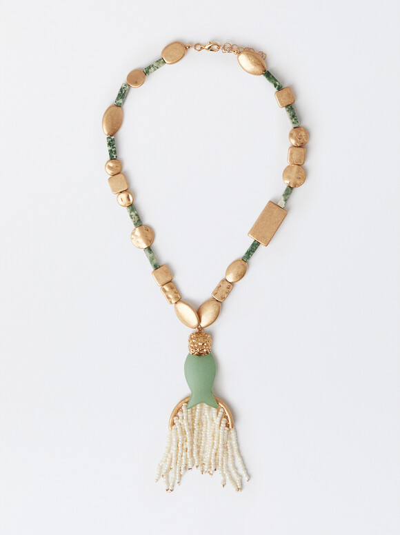 Gold Necklace With Stones, Green, hi-res