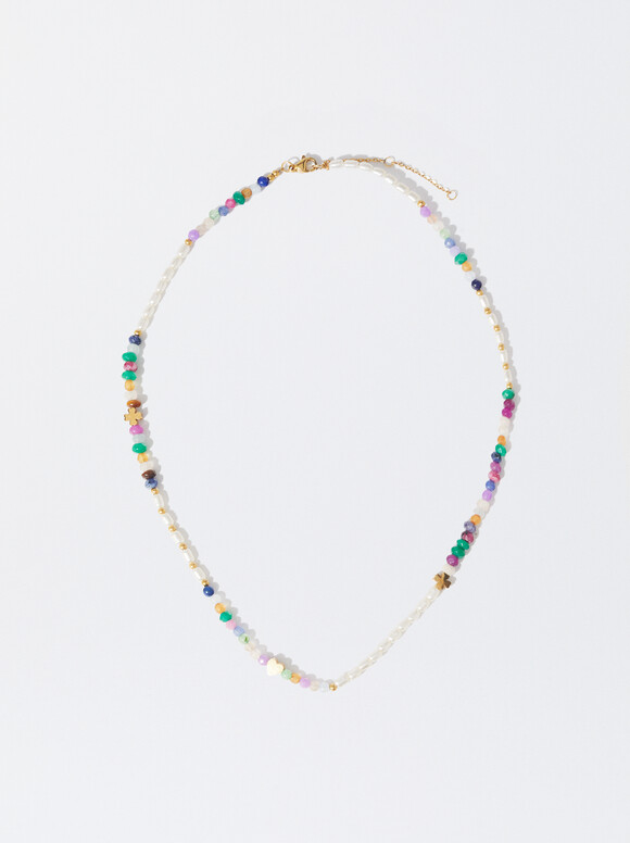 Steel Necklace With Stone, White, hi-res