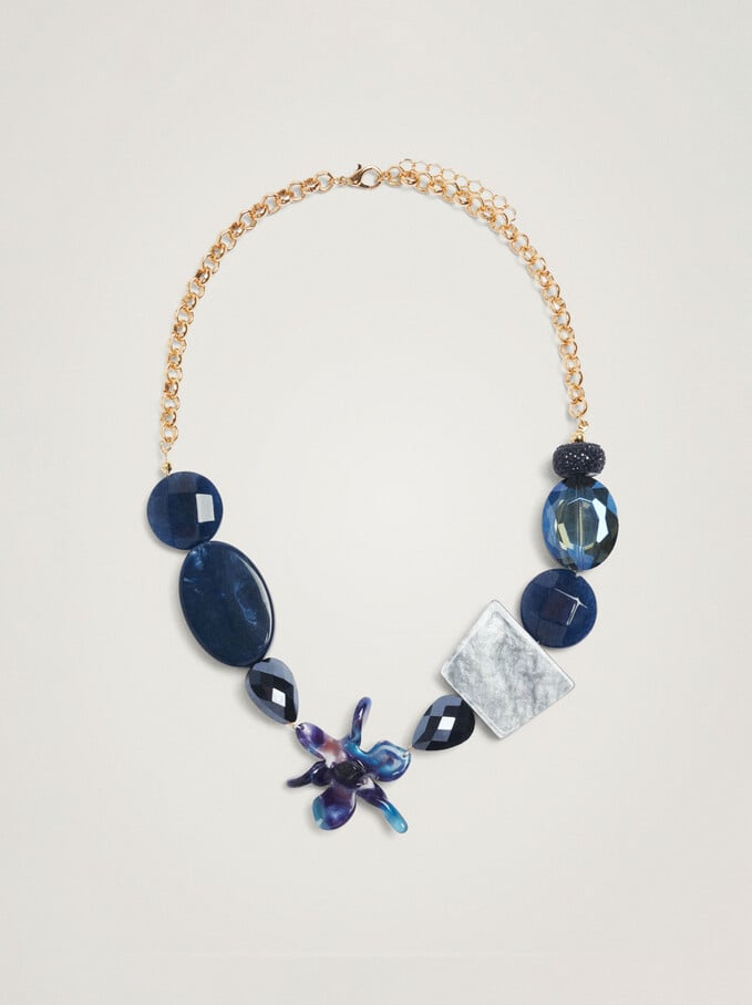 Short Necklace With Stones And Flower, Blue, hi-res