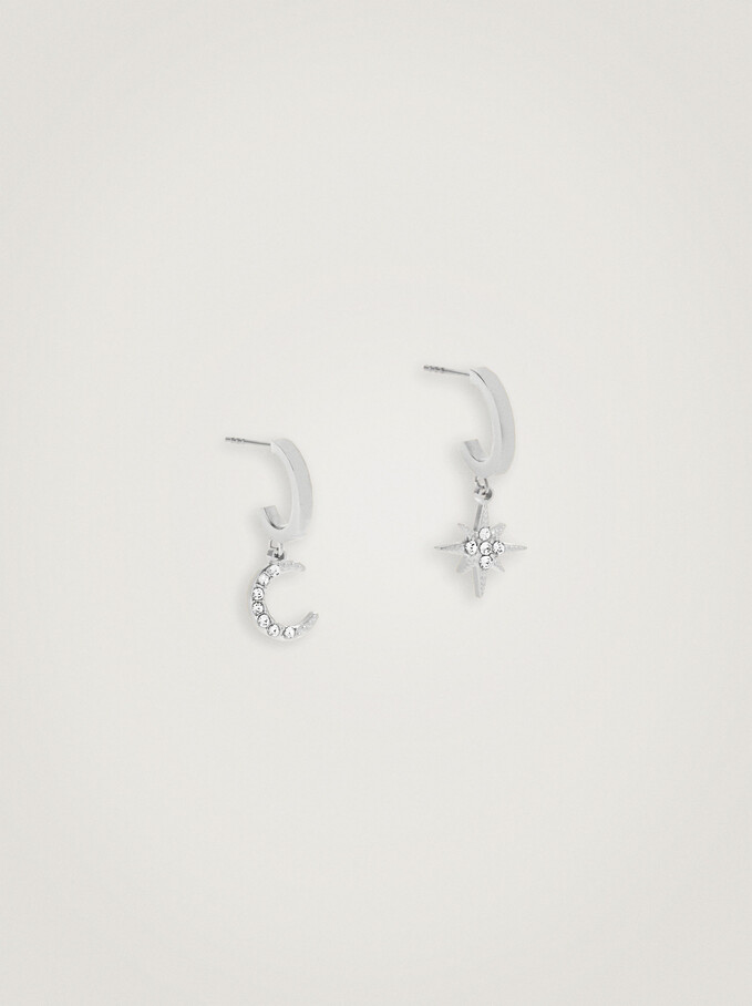 Steel Hoops With Moon And Star, Silver, hi-res
