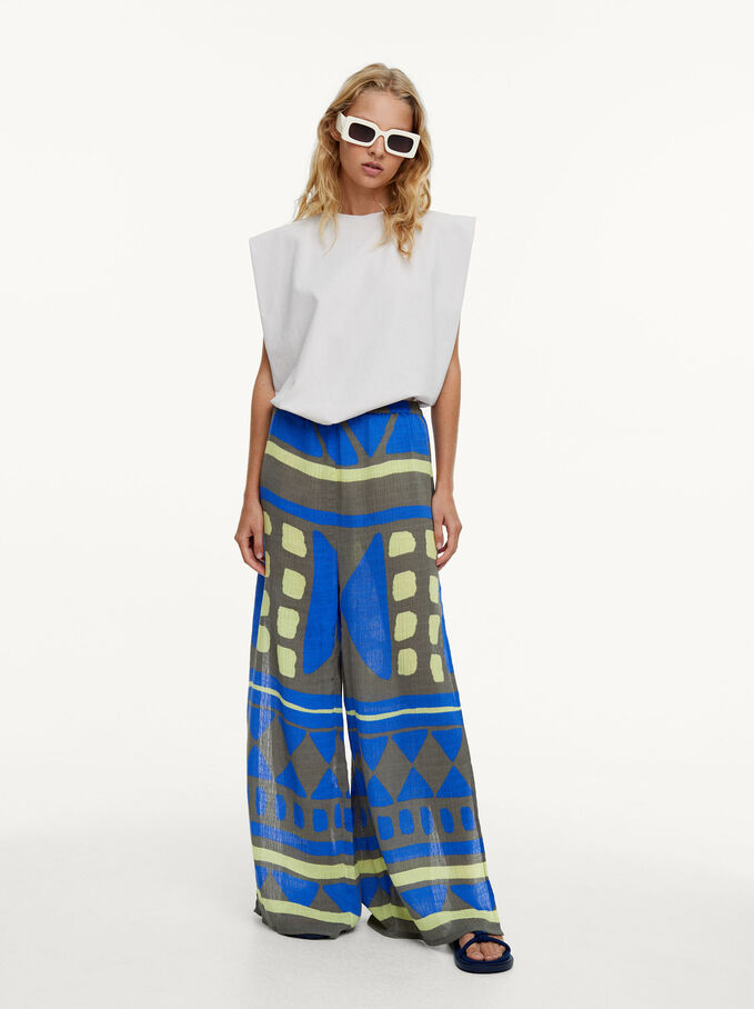 Printed Trousers With Opening, Blue, hi-res