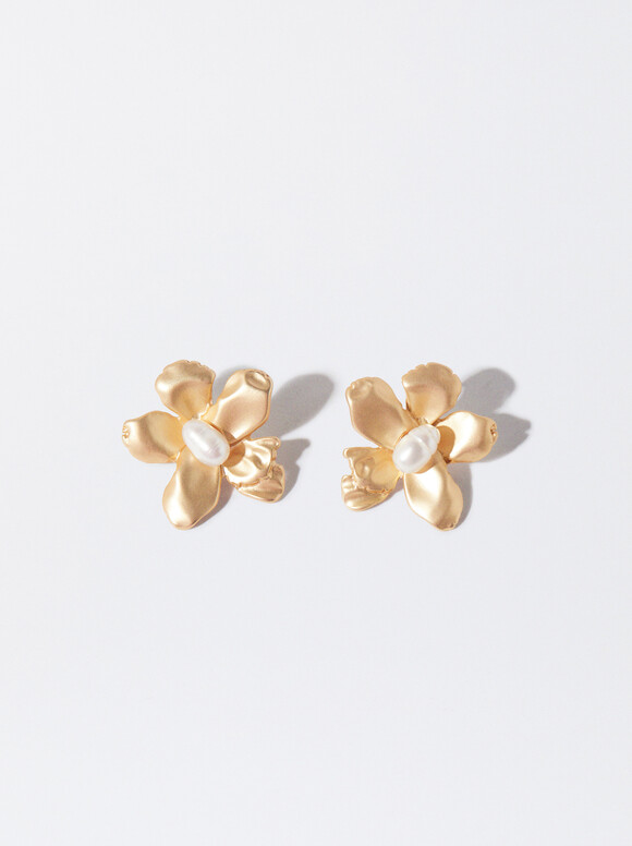Flower Earrings With Pearls, White, hi-res