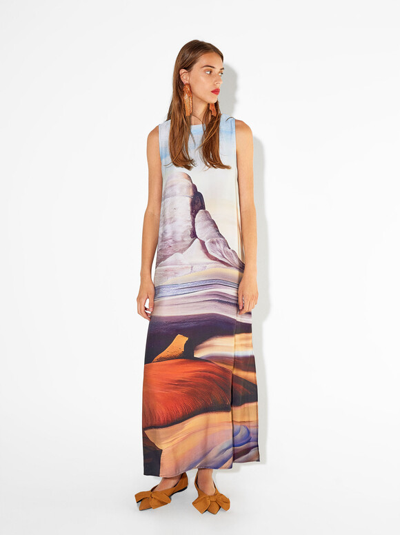 Printed Long Dress, Multicolor, hi-res
