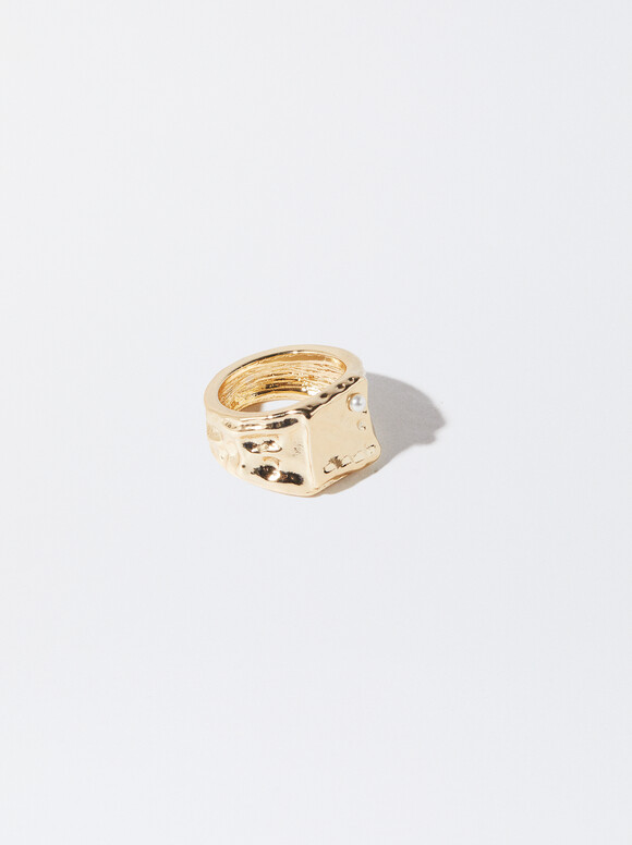 Gold-Toned Ring With Pearl, Golden, hi-res