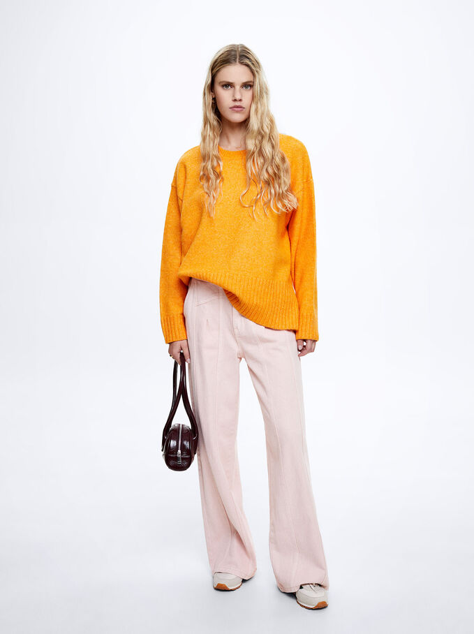Round-Neck Knit Sweater, Orange, hi-res
