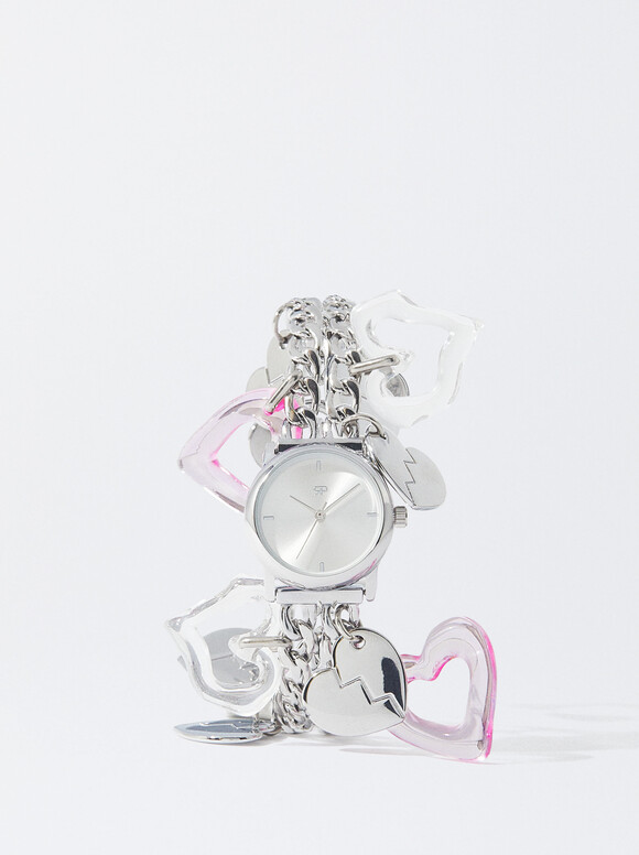 Online Exclusive - Watch With Hearts, Silver, hi-res