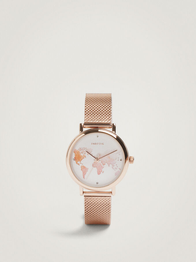 Steel Watch With World Map Face, Rose Gold, hi-res