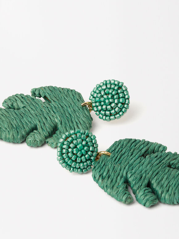 Raffia Leaf Earrings, Green, hi-res