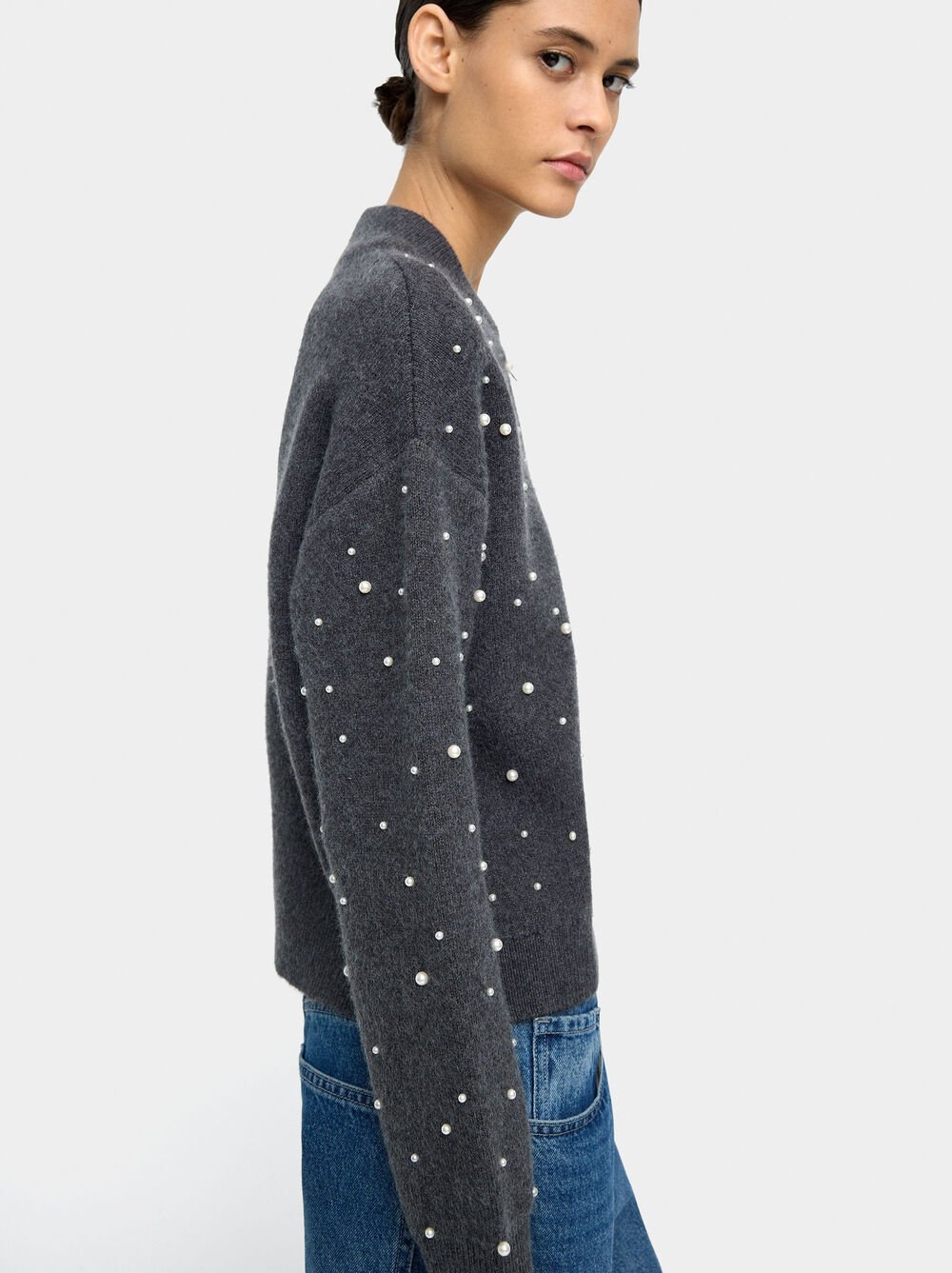 Knit mesh cardigan with pearls