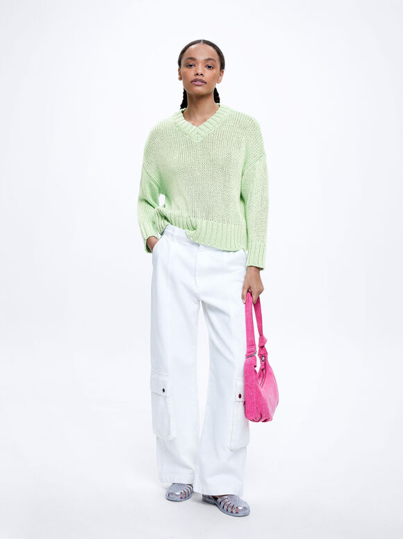 Knitted V-Neck Sweater, Green, hi-res