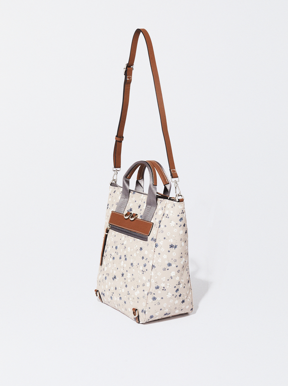Floral Printed Nylon-Effect Backpack , Beige, hi-res