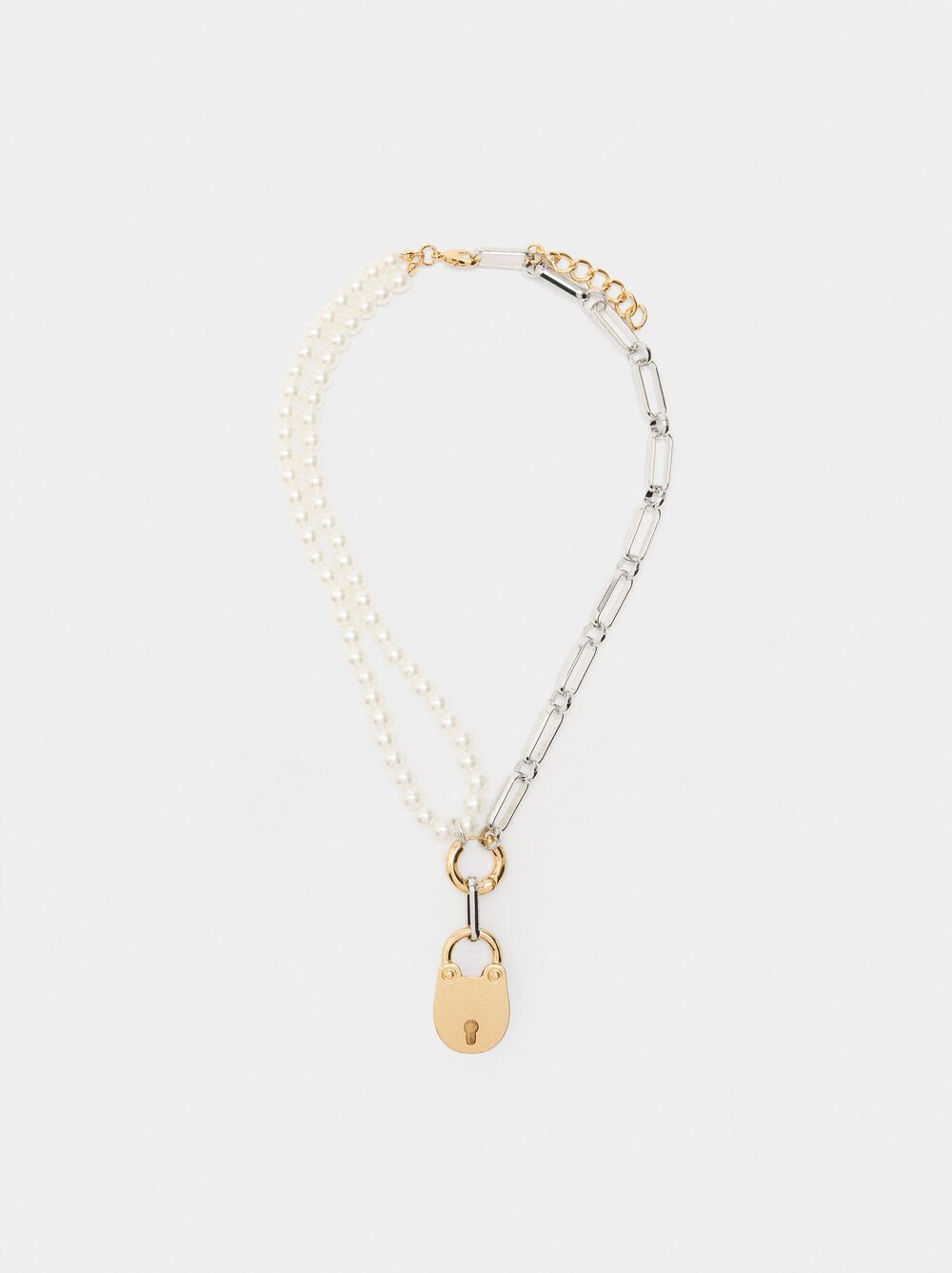 Necklace of links with pearl pendant and padlock